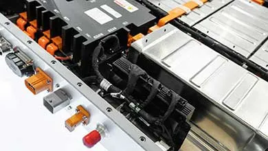 Internal view of a high-voltage battery pack showing silver modules, black electronic units, and orange high-voltage cabling with a lateral red emergency stop button.