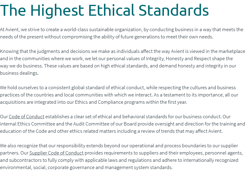 The Highest Ethical Standards At Avient, we strive to create a world class sustainable organization, by conducting bu...